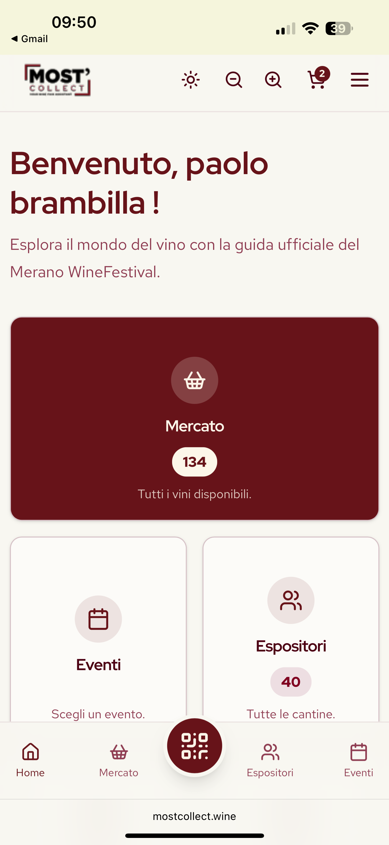 Homepage dell'app MOST Collect.